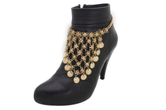 Brand New Women Rustic Gold Metal Boot Chain Bracelet Shoe Anklet Ethnic Coins Triangle Charm SET BC152
