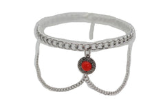 Brand New Women Silver Metal Boot Chain Bracelet Shoe Anklet Red Ethnic Coin Charm SET BC252