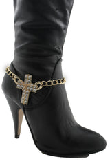 Brand New Women Gold Metal Boot Chain Bracelet Shoe Anklet Bling Cross Charm SET BC307