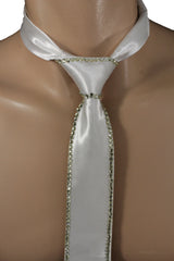 Brand New White Narrow Zipper Tie With Rhinestone Edge Satin Look Formal Costume Neck Tie