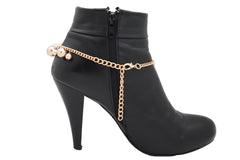 Brand New Women Gold Metal Boot Chain Bracelet Shoe Anklet Bronze Pearl Beads Charm SET BC286