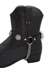 Brand New Men Biker Adult Faux Leather Boot Straps Black With Silver Chain and Buffalo Coin Medallion Pair  M21