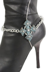 Brand New Women Silver Metal Boot Chain Bracelet Shoe Anklet Turquoise Cross Charm SET BC199