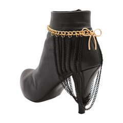 Brand New Women Black Metal Boot Chain Bracelet Shoe Anklet Gold Back Bow Charm SET BC198