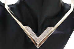 Brand New Women Gold Tone V Shape Choker Necklace Rhinestone Accent Statement Collar Jewelry   -   WN12