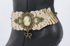 Brand New Women Antique Gold Metal Boot Chain Bracelet Shoe Anklet Fabric Lace Band Ethnic Charm SET BC253