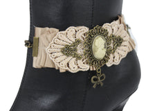 Brand New Women Antique Gold Metal Boot Chain Bracelet Shoe Anklet Fabric Lace Band Ethnic Charm SET BC253