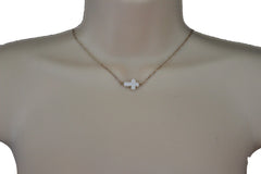 Brand New Women Cream White Cross Necklace Gold Tone Chain WN20 Dainty Minimal Jewelry  -   WN20