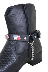 Brand New Adult Western Biker Fashion 2 Boot Straps Pair Black With Silver Chain and USA Flag Accent Adjustable M19