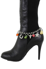 Brand New Women Silver Metal Boot Chain Bracelet Shoe Anklet Multicolor Beads Bull + Horseshoe + Long Horns Bull + Star Charms SET BC298