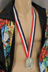 Brand New Men Men Silver Tone USA Liberty Medallion Necklace With Patriotic Ribbon Long New York Pendant -  M10