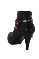 Brand New Women Silver Metal Boot Chain Bracelet Shoe Anklet Red Cross Bling Charm SET BC242