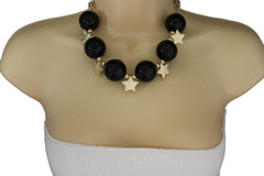 Brand New Women’s Black Bead Gold Star Charm Necklace Matching Earrings Set  -   WN31