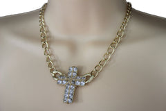 Brand New Women Gold-Tone Cross Necklace Earrings Set Rhinestone Pendant Chain Jewelry  -   WN23
