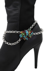 Brand New Women Silver Metal Boot Chain Bracelet Shoe Anklet Multi Colors Beads Charm SET BC274
