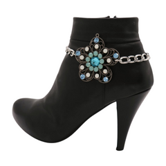 Brand New Women 2PCS Silver Metal Boot Chain Bracelet Shoe Anklet Bling Flower Charm Set Fashion Jewelry - A PAIR     BC11