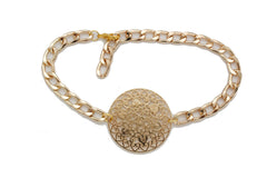 Brand New Women Gold Metal Boot Chain Bracelet Shoe Anklet Love Heart Medallion Charm SET BC294