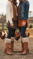 Brand New Women Beige Boot Toppers Faux Suede Leather Fringes Winter Flower Charm