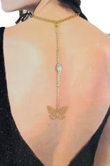 Handmade Gold Tone Coin Back Pendant, Hook On Necklace Attachment, Rhinestone Open Back Bridal Wedding Dress Jewelry, 7 Inch Drop WN82