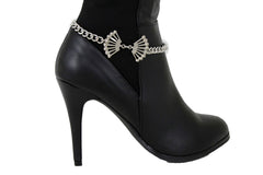 Brand New Women Silver Metal Boot Chain Bracelet Shoe Anklet Wing Bow Charm SET BC260