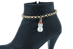 Brand New Women Gold Metal Boot Chain Bracelet Shoe Anklet White Snowman Holidays Charm SET BC276