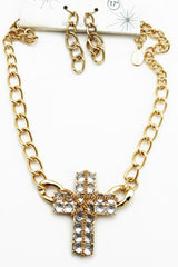 Brand New Women Gold-Tone Cross Necklace Earrings Set Rhinestone Pendant Chain Jewelry  -   WN23