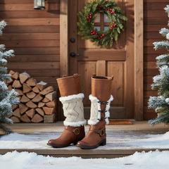 Brand New Women Boots Cover Topper Pair Warmer Winter Beige Fabric Slip On White Muffs 2PC