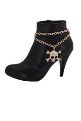 Brand New Women Gold Metal Boot Chain Bracelet Shoe Anklet Bling Skull + Wave Charm SET BC154