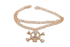 Brand New Women Gold Metal Boot Chain Bracelet Shoe Anklet Bling Skull + Wave Charm SET BC154