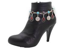 Brand New Women Silver Metal Boot Chain Bracelet Shoe Anklet Drop Coin Ethnic Charm SET BC190