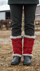 Brand New NEW Women Boot Cover Topper Pair Warmer Winter Red Fabric Slip On White Muffs