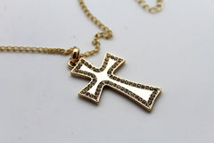 Brand New Gold Tone Cross Charm Necklace for Women, Silver Rhinestone Style Trim Pendant, Adjustable 17-19 in Chain, Fashion Jewelry for Everyday And Dressy Looks   -   WN10