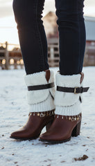 Brand New Sexy Women Boot Cover Topper Pair White Winter Booties Fabric Slip On Black Belt