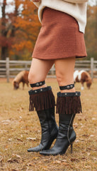Brand New New Women Brown Boots Topper Faux Suede Leather Fringes Winter Flower Charm Pair