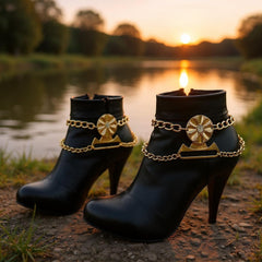 Brand New Women 2PCS Gold Metal Boot Chain Bracelet Shoe Anklet Flower Charm Set Fashion Jewelry - A PAIR     BC36