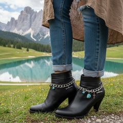 Brand New Women Silver Metal Boot Chain Bracelet Shoe Anklet Turquoise Skull Cross Nail Charms SET BC142