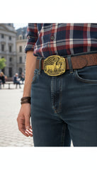 NEW Men Gold Metal Belt Buckle Deer Nature Hunter Western Fashion Accessory USA Flag