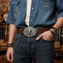 NEW Men Women Silver Metal Buckle Western Bull Long Horn TX Cow Oval Casual Wear