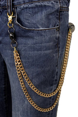 Brand New Gold Double Jean Wallet Chain For Men, 23 In Biker Key Holder With Black Skull Accents, Rocker Trucker Gothic Pants Chain   M28