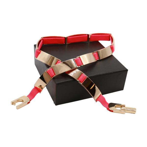 Brand New Women Neon Coral Pink Elastic Skinny Belt Gold Metal Buckle S M L