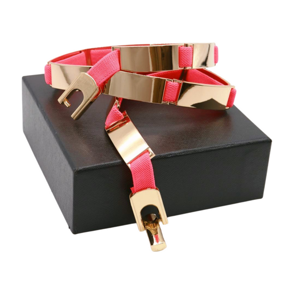 Brand New Women Neon Coral Pink Elastic Skinny Belt Gold Metal Buckle S M L