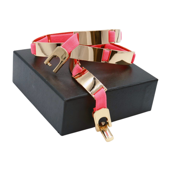 Brand New Women Neon Coral Pink Elastic Skinny Belt Gold Metal Buckle S M L