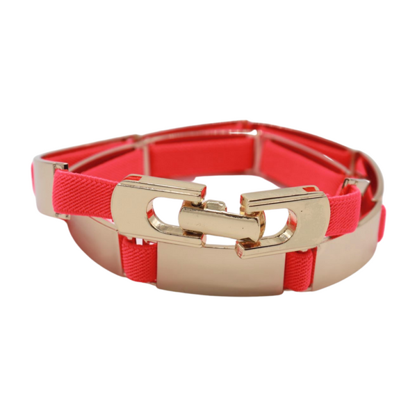 Brand New Women Neon Coral Pink Elastic Skinny Belt Gold Metal Buckle S M L