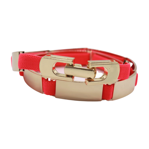 Brand New Women Neon Coral Pink Elastic Skinny Belt Gold Metal Buckle S M L