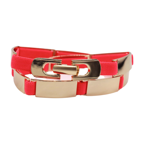 Brand New Women Neon Coral Pink Elastic Skinny Belt Gold Metal Buckle S M L