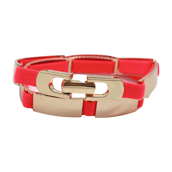 Brand New Women Neon Coral Pink Elastic Skinny Belt Gold Metal Buckle S M L