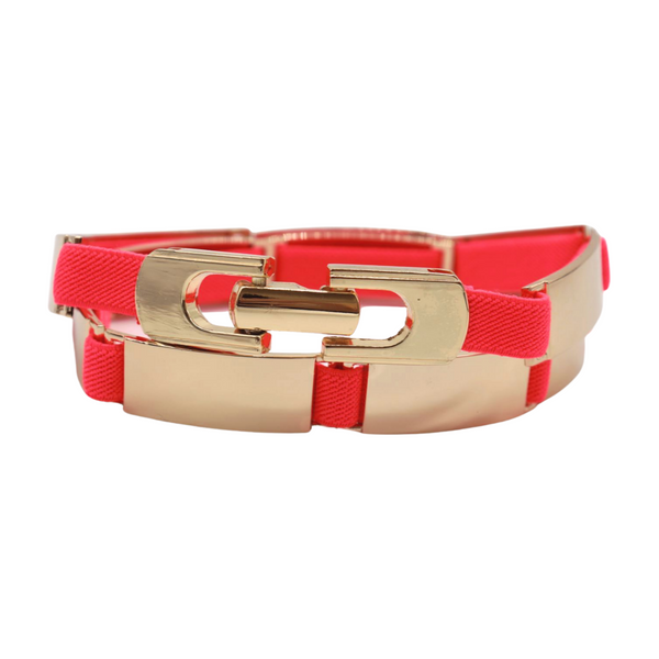 Brand New Women Neon Coral Pink Elastic Skinny Belt Gold Metal Buckle S M L
