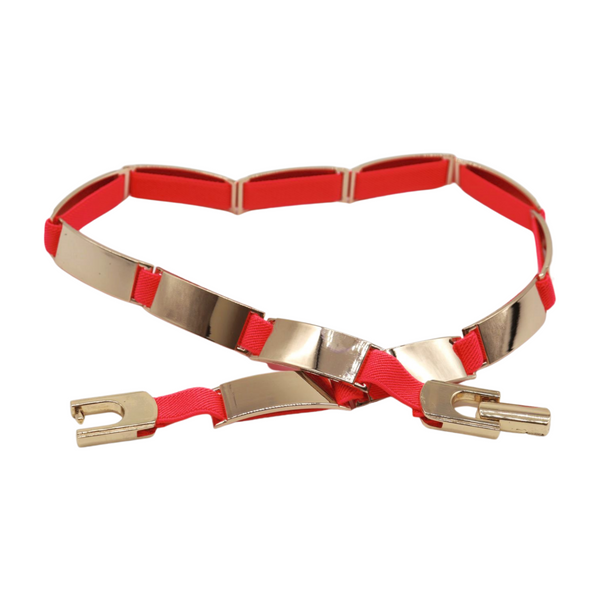 Brand New Women Neon Coral Pink Elastic Skinny Belt Gold Metal Buckle S M L
