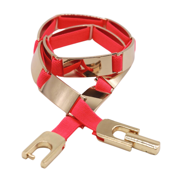 Brand New Women Neon Coral Pink Elastic Skinny Belt Gold Metal Buckle S M L