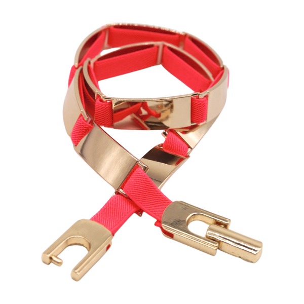 Brand New Women Neon Coral Pink Elastic Skinny Belt Gold Metal Buckle S M L